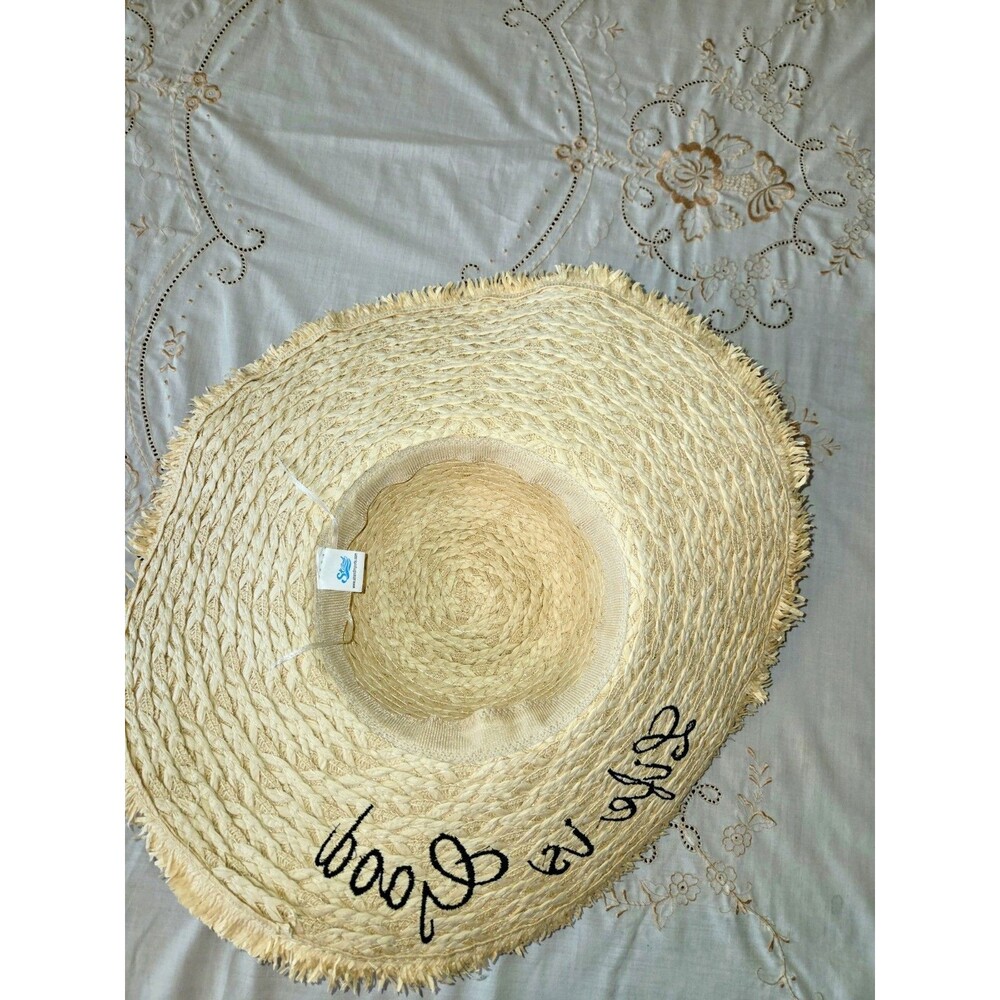 Womens Wide Brim Straw Hat Life Is Good Adjustable Sun Hat Stands Imports - Picture 3 of 4